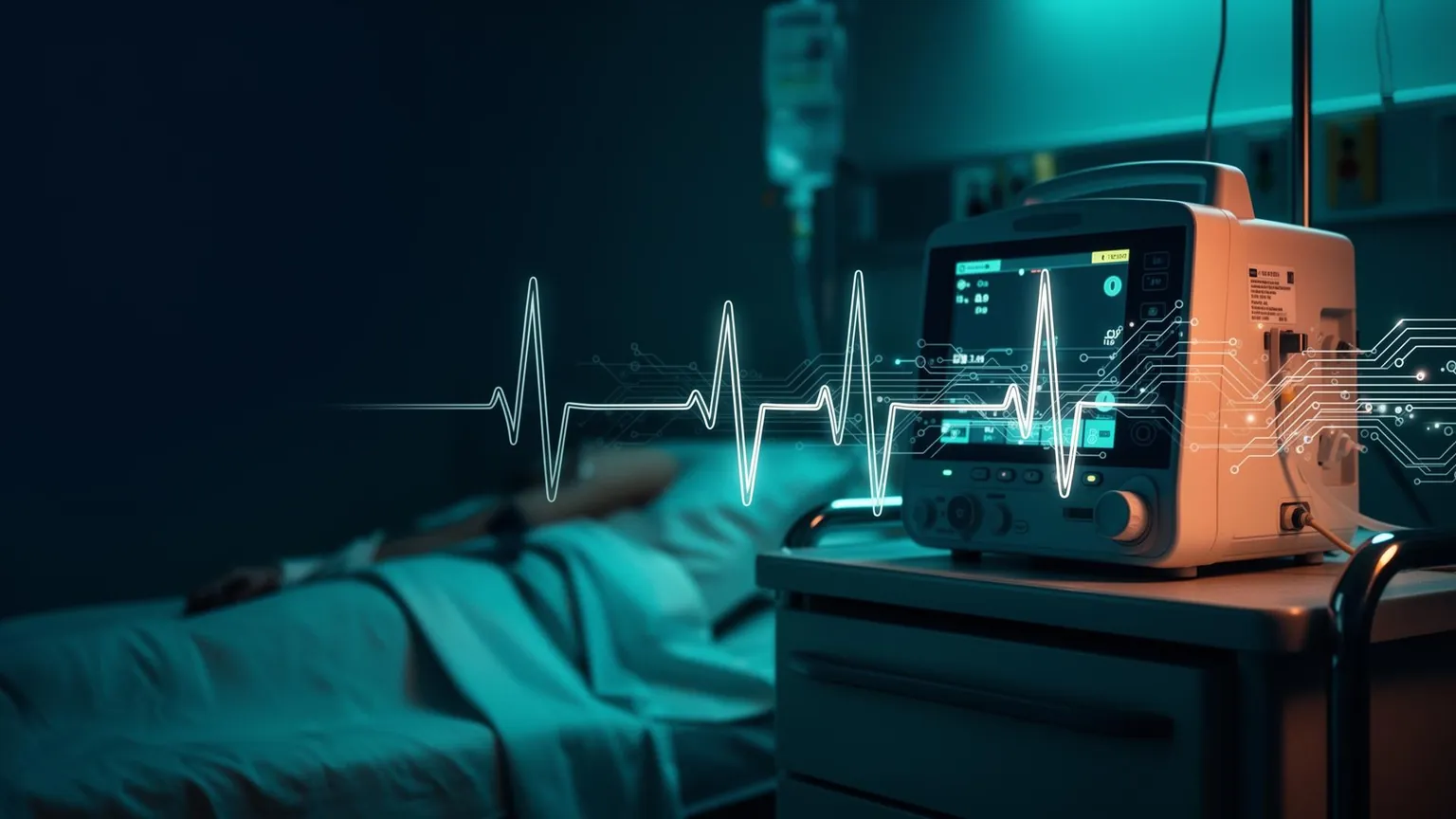 Hospital patient monitor and infusion pump with an ECG waveform and circuit traces flowing across the scene